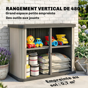 Coffre de Rangement Extérieur 480 L, 2 Niveaux avec Portes Coulissantes, Boîte de Jardin Résistant aux UV, pour Jardin Terrasse, 120,5x59,5x92cm, Marron Clair