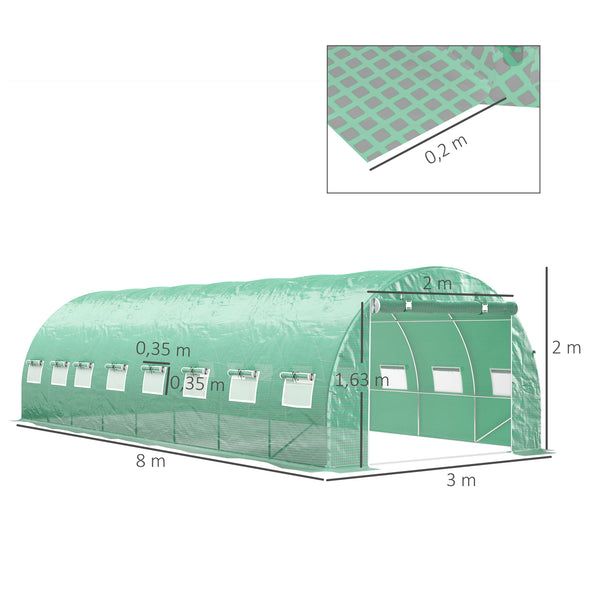 Serre de jardin tunnel 24m² 8L x 3l x 2H m - 16 fenêtres, Porte zippée Enroulable - châssis Tubulaire Acier galvanisé, bâche PE Haute densité Vert