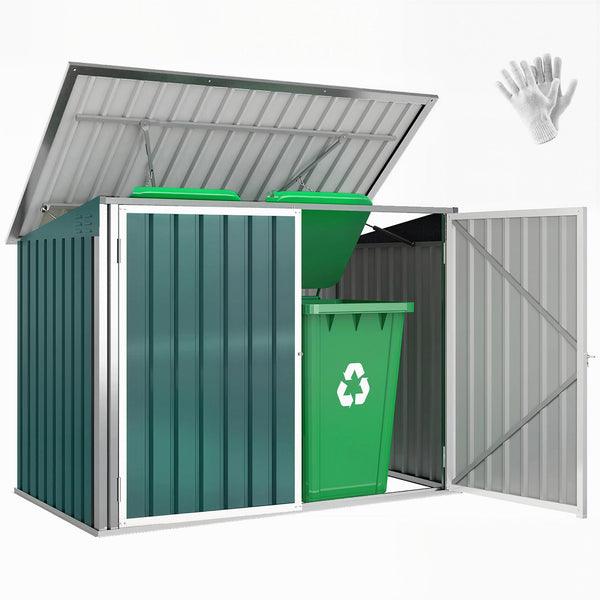 Cache Poubelle Double Acier Galvanisé pour 2 Poubelles de 240L - Abri de Jardin avec Couvercle Lié par Chaînes, Vérins à Gaz et Portes Verrouillables - Coffre de Jardin 179,5x108x129,5cm Vert