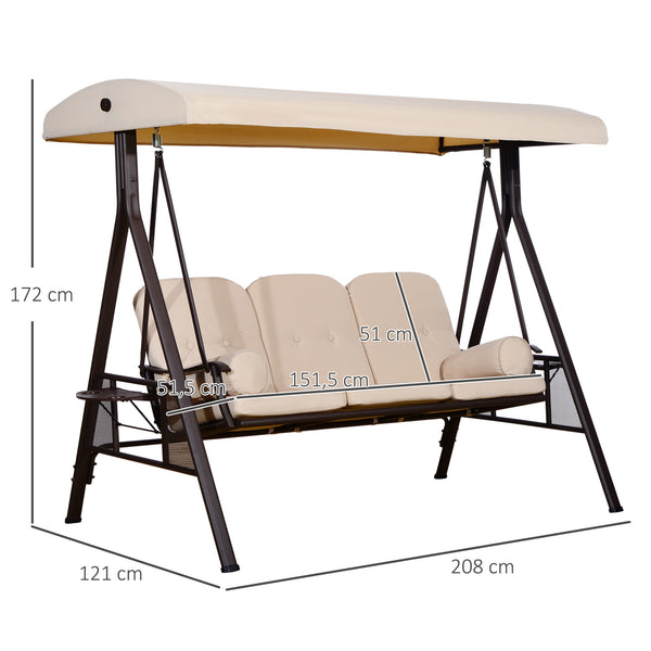 Balancelle de Jardin 3 Places Grand Confort Toit Inclinaison réglable Coussins Plateaux rétractables Polyester filé beige