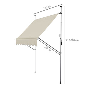 Store banne autoportant manuel auvent rétractable 2L x 1,2l x 2,1-3H m inclinaison réglable pour balcon sans trous à percer métal alu polyester sable