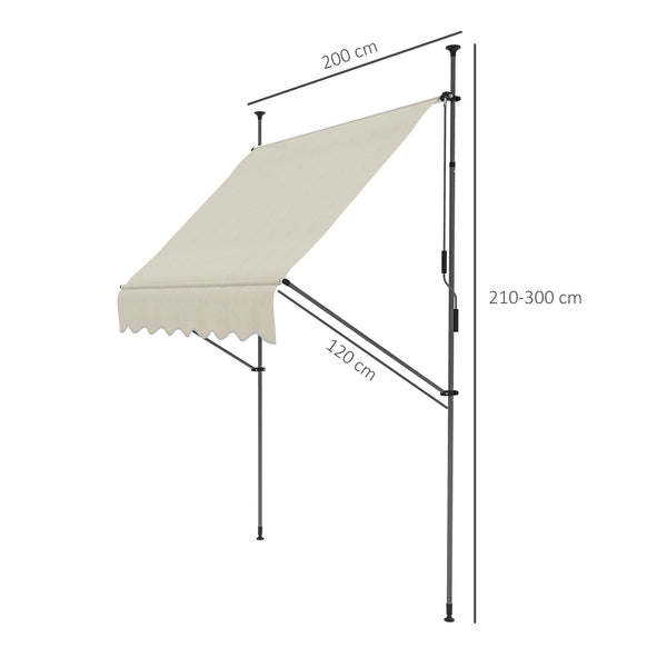 Store banne autoportant manuel auvent rétractable 2L x 1,2l x 2,1-3H m inclinaison réglable pour balcon sans trous à percer métal alu polyester sable