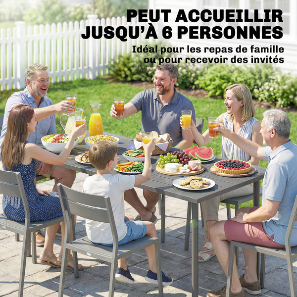 Table de jardin pour 6 personnes, 165 x 80 cm, table à manger extérieure rectangulaire avec plateau à lattes en métal, mobilier de patio tout temps pour balcon, terrasse, gris foncé