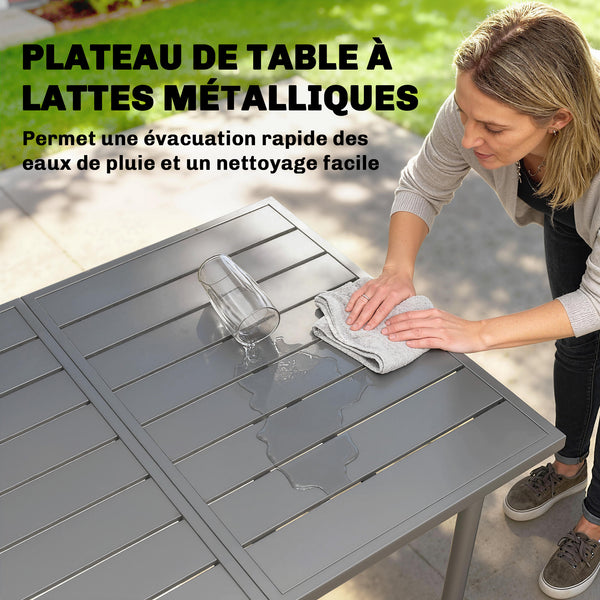 Table de jardin pour 6 personnes, 165 x 80 cm, table à manger extérieure rectangulaire avec plateau à lattes en métal, mobilier de patio tout temps pour balcon, terrasse, gris foncé