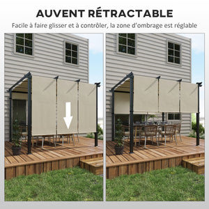 Pergola avec 3 toiles coulissantes 3 x 3 x 2,38 m structure acier noir toile polyester haute densité beige
