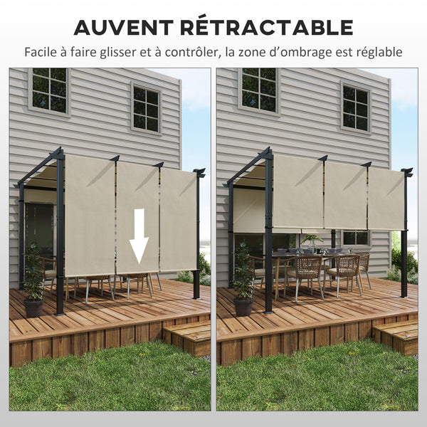Pergola avec 3 toiles coulissantes 3 x 3 x 2,38 m structure acier noir toile polyester haute densité beige