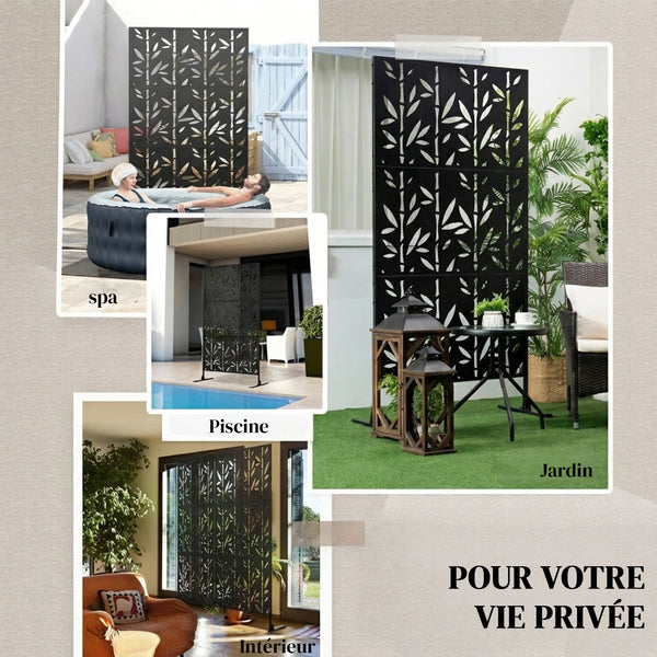 Panneau Brise Vue décoratif Extérieur Claustra Décoratif Jardin 3 Panneaux à motif Bambou paravent extérieur avec support en métal 92 x 40 x 192 cm, Noir