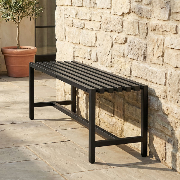 Banc de Jardin 2 Places en Acier Galvanisé, Assise à Lattes, Sans Dossier, Banc d'Extérieur pour Patio Balcon Parc Terrasse, Capacité 240 kg, 117x36x44cm, Noir