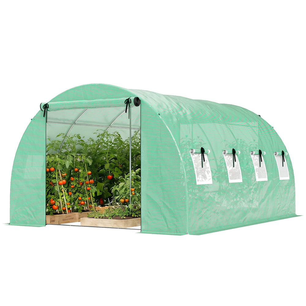 Serre tunnel de jardin 12m², serre de jardin tunnel 295x400x200cm avec cadre en acier galvanisé, 2 portes et 8 fenêtres avec moustiquaires pour extérieur bâche PE haute densité 140 g/m² vert