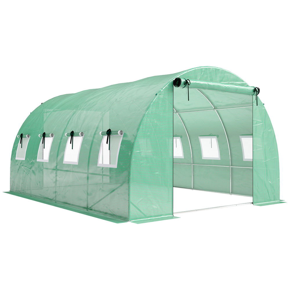 Serre tunnel de jardin 12m², serre de jardin tunnel 295x400x200cm avec cadre en acier galvanisé, 2 portes et 8 fenêtres avec moustiquaires pour extérieur bâche PE haute densité 140 g/m² vert
