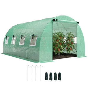 Serre tunnel de jardin 12m², serre de jardin tunnel 295x400x200cm avec cadre en acier galvanisé, 2 portes et 8 fenêtres avec moustiquaires pour extérieur bâche PE haute densité 140 g/m² vert
