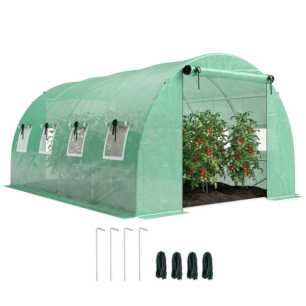 Serre tunnel de jardin 12m², serre de jardin tunnel 295x400x200cm avec cadre en acier galvanisé, 2 portes et 8 fenêtres avec moustiquaires pour extérieur bâche PE haute densité 140 g/m² vert