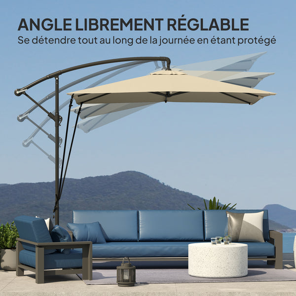Parasol déporté 2,5 x 2,5 m, parasol de jardin extérieur, Toile ajustable, 8 baleines, base en croix et manivelle, Housse de Protection, kaki