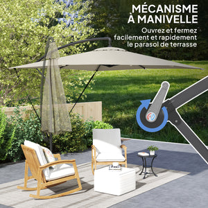 Parasol déporté 2,5 x 2,5 m, parasol de jardin extérieur, Toile ajustable, 8 baleines, base en croix et manivelle, Housse de Protection, kaki