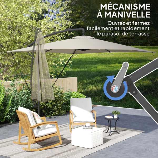 Parasol déporté 2,5 x 2,5 m, parasol de jardin extérieur, Toile ajustable, 8 baleines, base en croix et manivelle, Housse de Protection, kaki