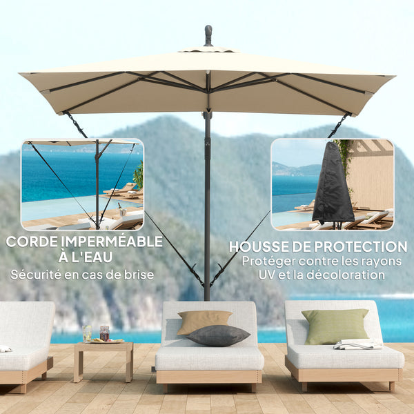 Parasol déporté 2,5 x 2,5 m, parasol de jardin extérieur, Toile ajustable, 8 baleines, base en croix et manivelle, Housse de Protection, kaki