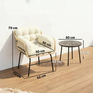 Salon de Jardin Extérieur 3 Pièces en Résine Tressée, Table Basse en Verre Trempé, 2 Fauteuils avec 2 Coussins, Mobilier de Jardin pour Balcon Terrasse Patio, Kaki