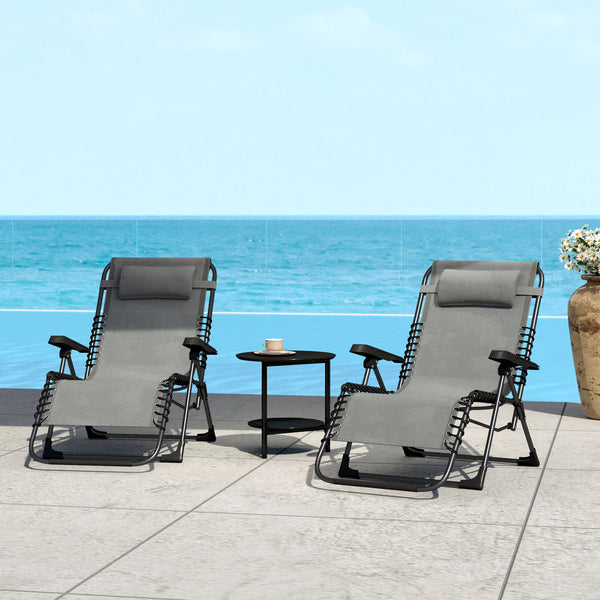 Lot de 2 bain de soleil, chaise longue pliante avec appuie-tête en textilène, transat jardin extérieur inclinable de plage camping piscine terrasse, 90 x 65 x 112 cm, gris