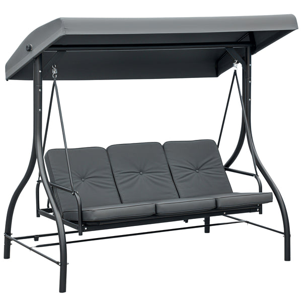 Balancelle de Jardin 3 Places Convertible Inclinaison Toit réglable Matelas Grand Confort Rembourrage 7 cm fourni Gris métal époxy Noir