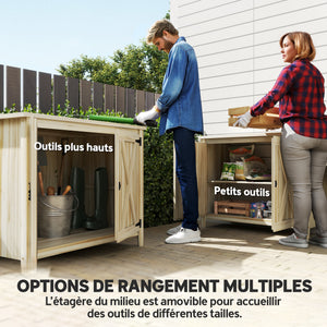 Armoire de Jardin en Bois, Placard de Jardin en Bois avec Étagères et Double Portes, Armoire à Outils, 110 x 60 x 88,5 cm, Bois Naturel