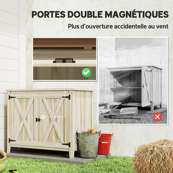 Armoire de Jardin en Bois, Placard de Jardin en Bois avec Étagères et Double Portes, Armoire à Outils, 110 x 60 x 88,5 cm, Bois Naturel