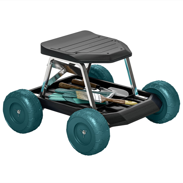 Siège de jardin sur roues tabouret de jardinage plateau à outils chariot jardinage avec siège pour désherber, planter, 50 x 49 x 32 cm vert foncé