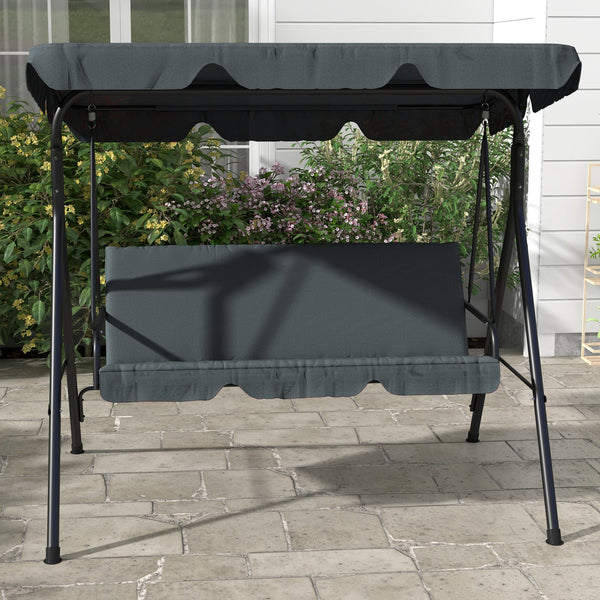 Balancelle de Jardin 3 Places Toit Inclinaison réglable Coussins Assise et Dossier 1,72L x 1,1l x 1,53H m Acier Noir Polyester Gris
