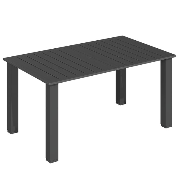 Table de jardin rectangulaire pour 4 à 6 personnes, table à manger extérieure avec trou pour parasol plateau en métal à lattes, structure en acier, pour balcon, 150 x 90 x 73 cm, noir