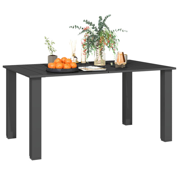 Table de jardin rectangulaire pour 4 à 6 personnes, table à manger extérieure avec trou pour parasol plateau en métal à lattes, structure en acier, pour balcon, 150 x 90 x 73 cm, noir