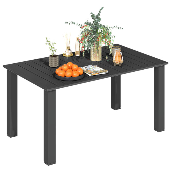 Table de jardin rectangulaire pour 4 à 6 personnes, table à manger extérieure avec trou pour parasol plateau en métal à lattes, structure en acier, pour balcon, 150 x 90 x 73 cm, noir