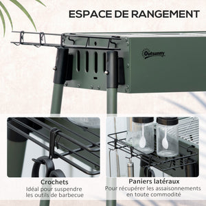 Barbecue au charbon de bois avec 2 grilles, Portable BBQ Grill sur Pieds amovibles et 2 paniers latéraux, 94L x 39l x 70H cm, vert foncé