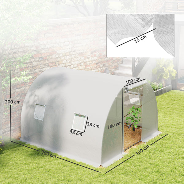 Serre de Jardin Tunnel 9 m² 3L x 3l x 2H m - 4 fenêtres, Porte zippée Enroulable - châssis Tubulaire Acier galvanisé, bâche PE Haute densité Blanc