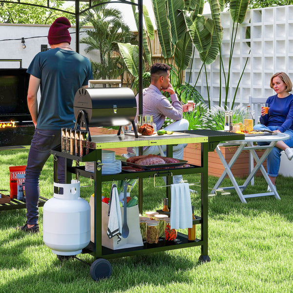 Chariot desserte pour barbecue plancha avec plateau en inox, multi-équipements, 6 crochets, tablette rabattable, 3 étages, 2 roulettes