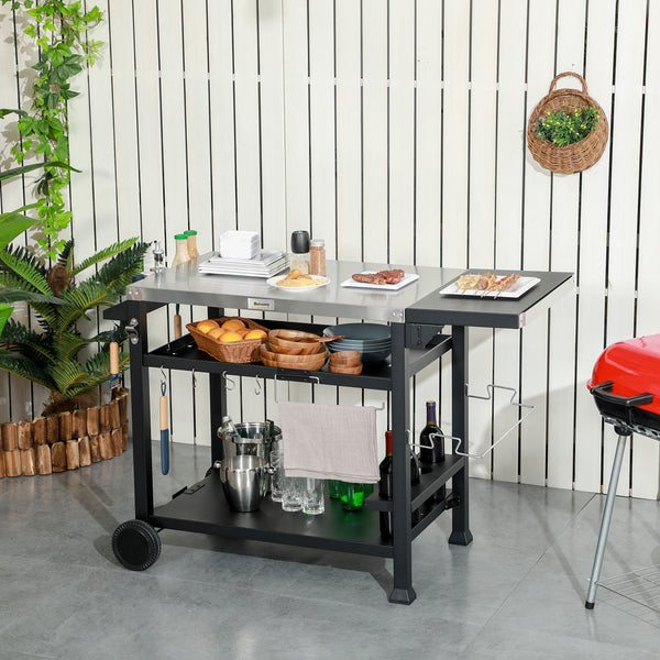 Chariot desserte pour barbecue plancha avec plateau en inox, multi-équipements, 6 crochets, tablette rabattable, 3 étages, 2 roulettes
