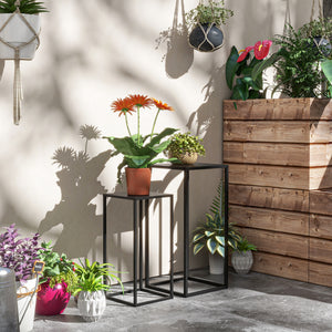 Lot de 2 supports pot de fleurs supports pour plantes encastrables structure en acier 2 hauteurs différentes 58,5 et 65 cm design scandinave noir
