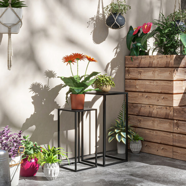 Lot de 2 supports pot de fleurs supports pour plantes encastrables structure en acier 2 hauteurs différentes 58,5 et 65 cm design scandinave noir