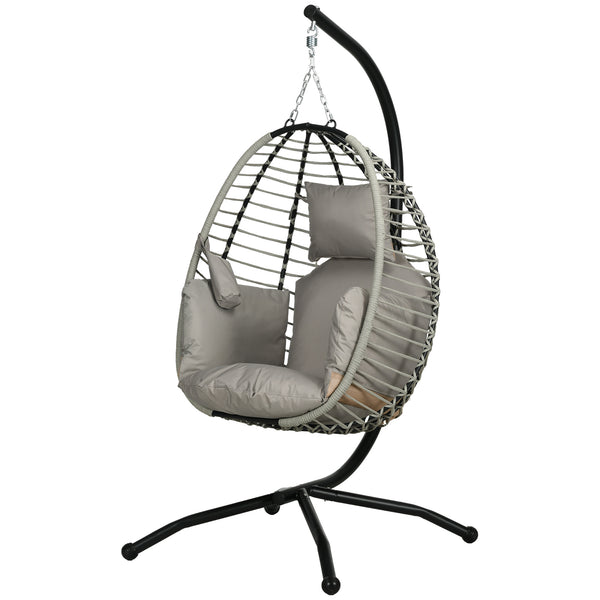 Fauteuil œuf Suspendu balancelle Pliante avec Coussin et Support Usage intérieur extérieur métal corde en polypropylène dim. 110L x 100l x 188H cm gris