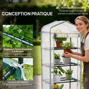 Serre de Jardin PE avec Étagères 4 Niveaux, Serre de Balcon, Bâche Renforcée 140g/m², Châssis en Acier, Porte Zippée Enroulable, pour Légumes et Plantes, Extérieur, 70x50x160cm, Blanc et Gris