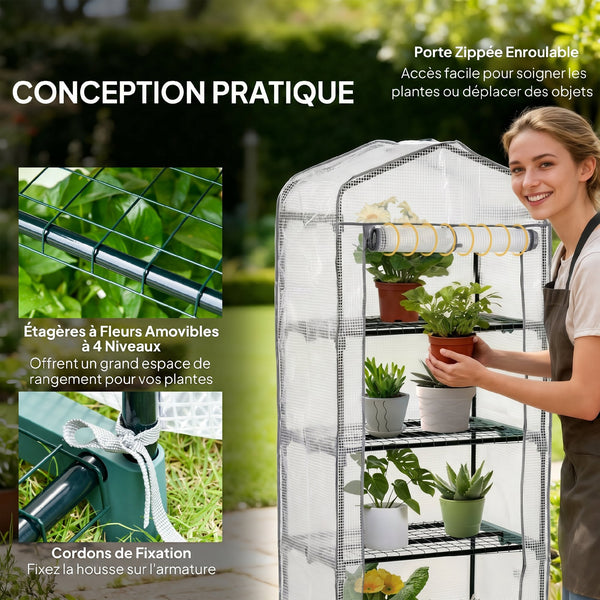 Serre de Jardin PE avec Étagères 4 Niveaux, Serre de Balcon, Bâche Renforcée 140g/m², Châssis en Acier, Porte Zippée Enroulable, pour Légumes et Plantes, Extérieur, 70x50x160cm, Blanc et Gris