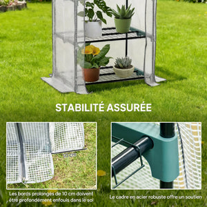 Serre de Jardin PE avec Étagères 4 Niveaux, Serre de Balcon, Bâche Renforcée 140g/m², Châssis en Acier, Porte Zippée Enroulable, pour Légumes et Plantes, Extérieur, 70x50x160cm, Blanc et Gris