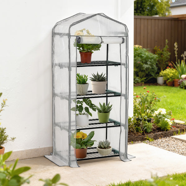 Serre de Jardin PE avec Étagères 4 Niveaux, Serre de Balcon, Bâche Renforcée 140g/m², Châssis en Acier, Porte Zippée Enroulable, pour Légumes et Plantes, Extérieur, 70x50x160cm, Blanc et Gris