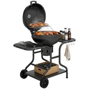 Barbecue à charbon Rond avec couvercle Barbecue Rond Extérieur avec Thermomètre, Tables Latérales, Étagère Inférieure, Roues pour Jardin, Terrasse, Noir