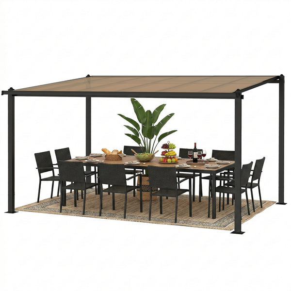 Pergola adossée 3,8 x 3 m avec toit étanche en polycarbonate, structure en aluminium, auvent rigide avec gouttières intégrées, ombrage extérieur robuste, gris foncé