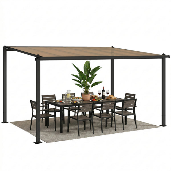 Pergola adossée 3,8 x 3 m avec toit étanche en polycarbonate, structure en aluminium, auvent rigide avec gouttières intégrées, ombrage extérieur robuste, gris foncé