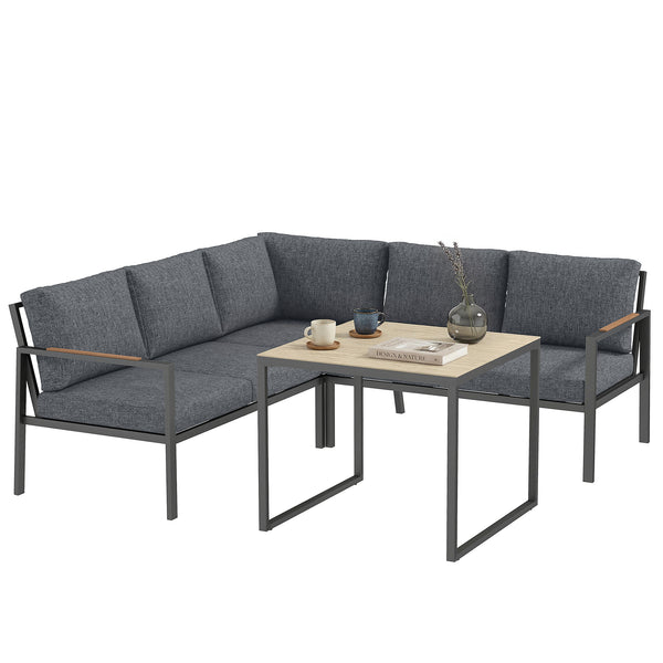 Salon de Jardin Extérieur 3 Pièces 5 Personnes, 2 Canapés avec Coussins Amovibles Épais, 1 Table Basse avec Plateau en Verre, Ensemble de Canapé Extérieur pour Terrasse Balcon, Gris Foncé