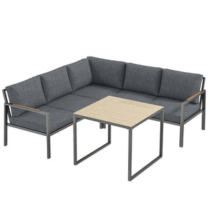 Salon de Jardin Extérieur 3 Pièces 5 Personnes, 2 Canapés avec Coussins Amovibles Épais, 1 Table Basse avec Plateau en Verre, Ensemble de Canapé Extérieur pour Terrasse Balcon, Gris Foncé