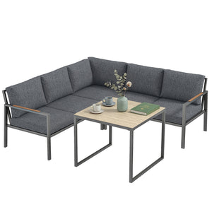Salon de Jardin Extérieur 3 Pièces 5 Personnes, 2 Canapés avec Coussins Amovibles Épais, 1 Table Basse avec Plateau en Verre, Ensemble de Canapé Extérieur pour Terrasse Balcon, Gris Foncé