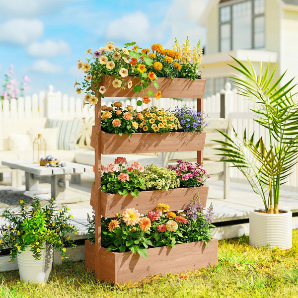 Jardinière en bois 4 niveaux, jardinière surélevée extérieure avec orifices de drainage et toile non tissée, bac pour cultures, plantes, fleurs, pour terrasse, jardin, 85x45x140 cm, Marron