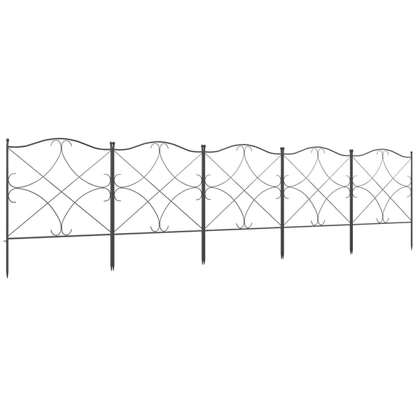Lot de 5 clôtures de jardin décoratives en métal avec ornements - 305 x 62 cm noir
