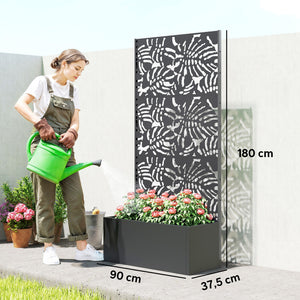 Jardinière avec treillis, bac à fleurs, lit surélevé avec brise-vue, pour plantes grimpantes, légumes, fleurs, métal, intérieur et extérieur, cour jardin balcon, 90 x 37,5 x 180 cm, noir